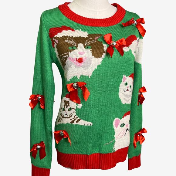 Tipsy Elves Small Cat Christmas Sweater Green Bows Jingle Bells Ugly Holiday - Picture 2 of 8
